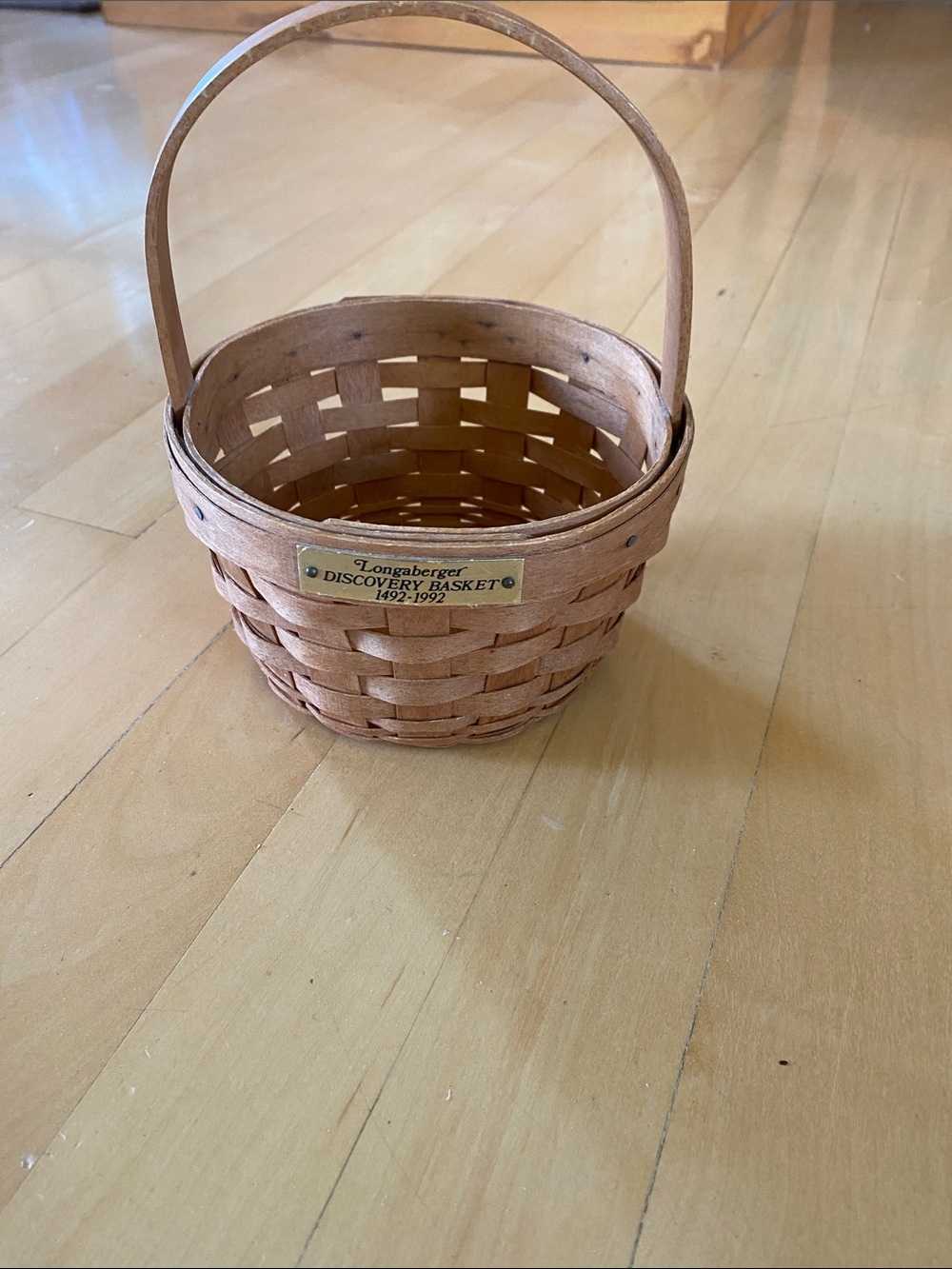 Longaberger Natural Brown Woven Handle Basket with Brass Plaque